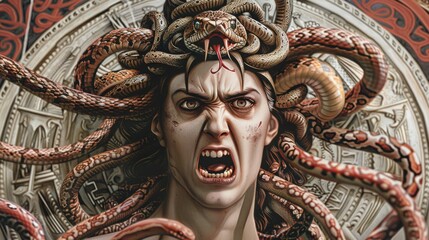 Obraz premium A portrait of a woman with a fierce expression and snakes in her hair, evoking themes of Medusa and mythology.