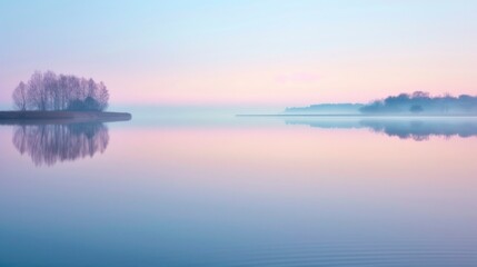 An image illustrating a tranquil lake at dawn, with the calm water and soft colors reflecting a state of inner peace and tranquility