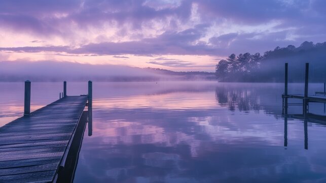 An image illustrating a tranquil lake at dawn, with the calm water and soft colors reflecting a state of inner peace and tranquility