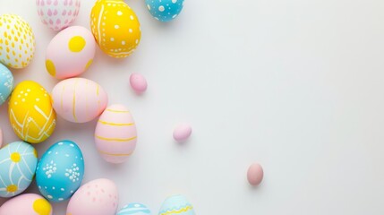Fototapeta na wymiar Assorted colorful Easter eggs on a white background with ample space for text, perfect for festive designs and Easter celebrations.