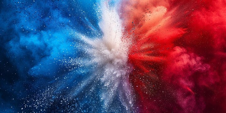 Vibrant French tricolor holi paint burst on white backdrop symbolizing France, Europe, and soccer, perfect for travel and tourism.