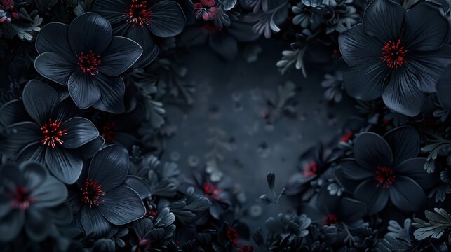 Black wreath flower with leaves with empty space in the middle. AI generated image