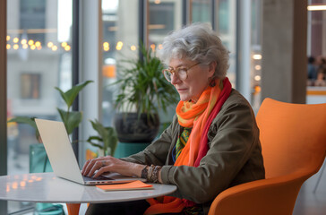 Fashionable elderly woman with glasses typing on a laptop in a well-lit office space, surrounded by contemporary decor.
