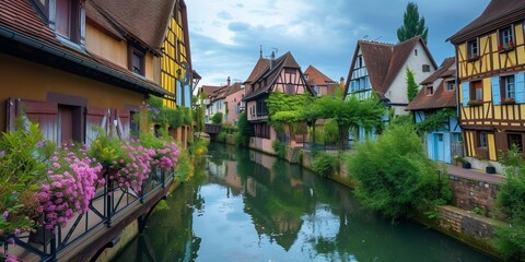 Fototapeta na wymiar France. Small waterway and historic half-timbered dwellings.