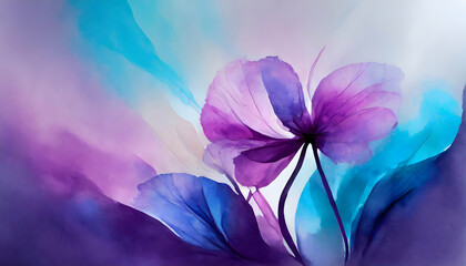 Abstract beautiful minimalist purple-blue gradient and drawing of abstract colorful watercolor flower