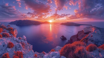 Beautiful panorama view of Santorini island in Greece at sunrise with dramatic sky. Sunset view from Oia town - obrazy, fototapety, plakaty