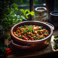 cooked mixed kidney beans in a ceramic or glass dish, garnished with fresh herbs and spices. Generative AI.