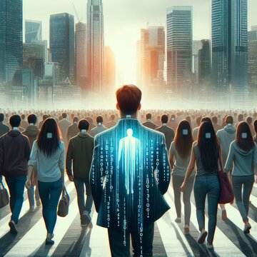 Manipulation, control over people with a digital quarcode against the background of digital messages