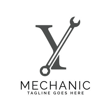 letter Y logo with wrench. Alphabet Y Spanner logo design