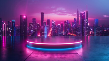 Futuristic circular stage with vibrant neon lights and digital rain, perfect for high-tech product launches and events.