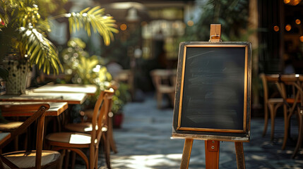 an easel with blank chalkboard in an outdoor setting in a restaurant. empty menu board stand