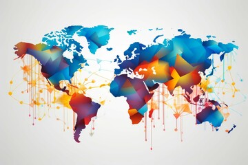 Stylized colorful world map with abstract geometric connections.