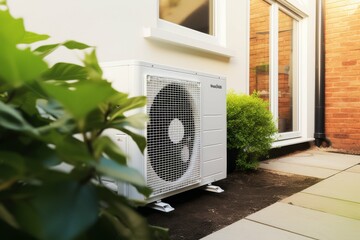Modern eco-friendly heat pump outside of a family home.