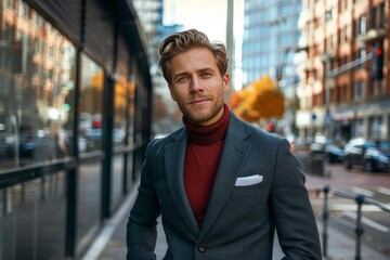 Obraz premium A dapper man stands confidently on a bustling city street, his tailored suit and stylish outerwear reflecting the grandeur of the towering buildings behind him, while his charming smile captures the 