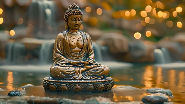 Buddha meditating among lotus flowers on water. Sparkling lights calm meditation landscape. Sparkling lights. Buddhism,buddhist monk statue religious video 4k beauty