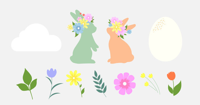 Easter set of vector illustrations. Rabbits, flowers and eggs isolated on a white background.