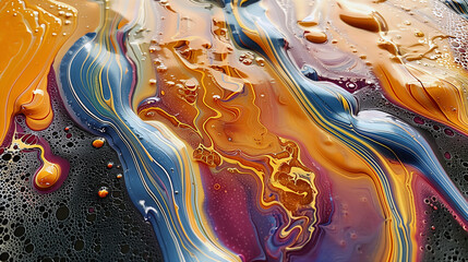 Soap bubbles and paint macro with vibrant gold and blue streaks creating an ethereal texture - obrazy, fototapety, plakaty