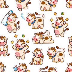 Cartoon cute cow characters seamless pattern or vector background with milk. Happy funny cow or farm animal with udder and bell eating grass and ice cream, playing cheese and milk bottle in pattern