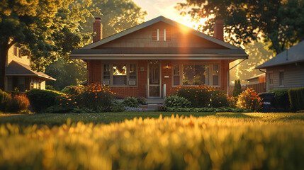 A cozy suburban bungalow, bathed in the warm glow of the late afternoon sun, casting long shadows on its neat front lawn. - obrazy, fototapety, plakaty