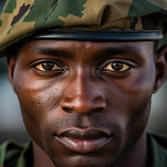 A close-up photograph capturing the determined eyes of a soldier adorned in uniform. Generative AI.