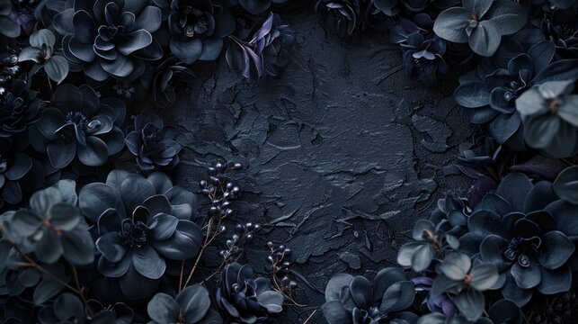 Black wreath flower with leaves with empty space in the middle. AI generated image