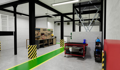 3d illustration of workshop interior with equipment and lift