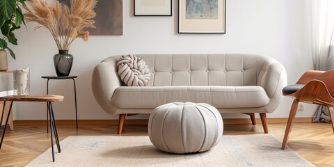 Vintage beige armchair and ottoman on a warm rug in modern living room with gray couch and retro decor.