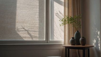Natural light-inspired minimalism, Blurred windows with shadows on textured wallpaper, creating a serene background for product showcasing. 