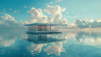 A futuristic floating house with a transparent exterior, capturing the surreal scene as it hovers above calm waters, reflecting the surrounding sky. - obrazy, fototapety, plakaty