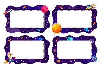 Cartoon frames with galaxy space, rockets and kid spaceman astronaut, vector backgrounds. Galaxy spaceship with alien UFO, galactic planets, sun and Saturn or asteroids of starry sky in frame borders