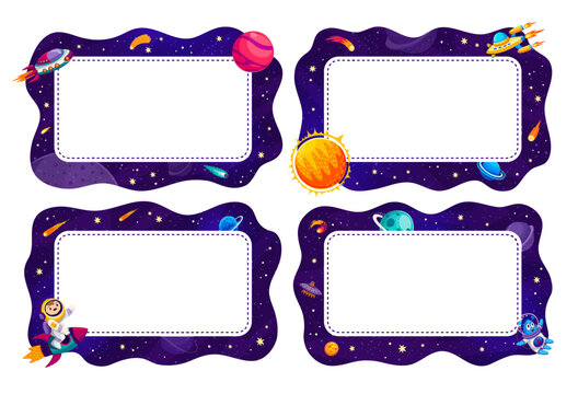 Cartoon frames with galaxy space, rockets and kid spaceman astronaut, vector backgrounds. Galaxy spaceship with alien UFO, galactic planets, sun and Saturn or asteroids of starry sky in frame borders