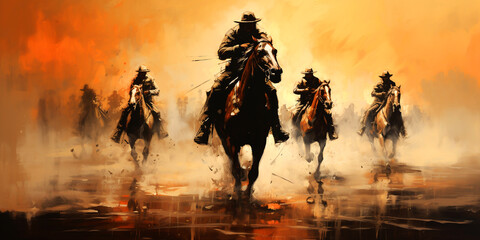 Cowboys and Horses A Wild West Themed Illustration. drawing of a horseman sitting on a horse in...