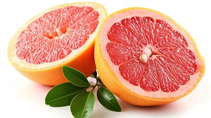 Two Fresh halves of rosy grapefruit citrus on a white backdrop.