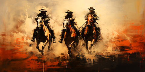 Cowboy riding a horse, Wild West style illustration. Cowboy riding a horse at sunset, western and wild west concept.
