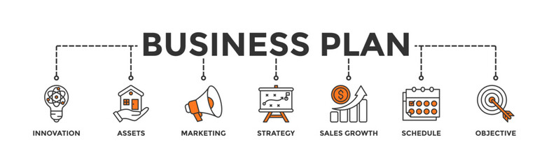 Business plan banner web icon illustration concept with icon of innovation, assets, marketing, strategy, sales growth, schedule, and objective