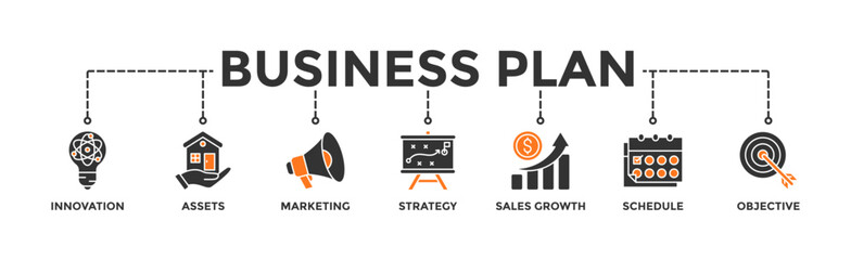 Business plan banner web icon illustration concept with icon of innovation, assets, marketing, strategy, sales growth, schedule, and objective