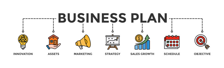 Fototapeta na wymiar Business plan banner web icon illustration concept with icon of innovation, assets, marketing, strategy, sales growth, schedule, and objective