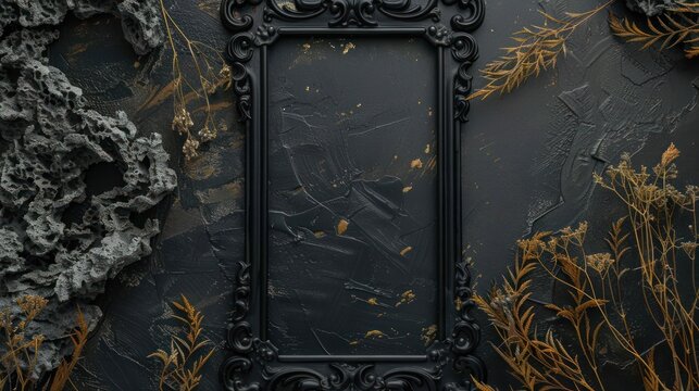 Misty black board of photo frame display on dark wall. AI generated image