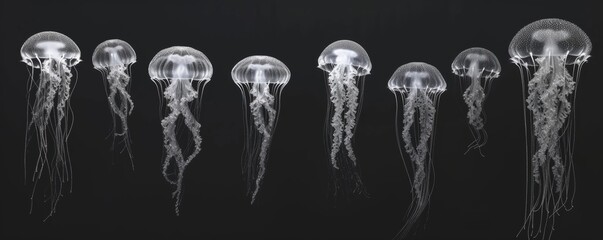 A Group of Jellyfish Lined Up on a Black Background