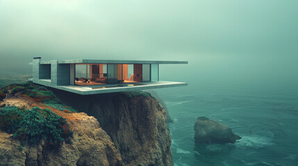 A house perched on the edge of a cliff, overlooking the ocean. Its sleek, modern design and large...