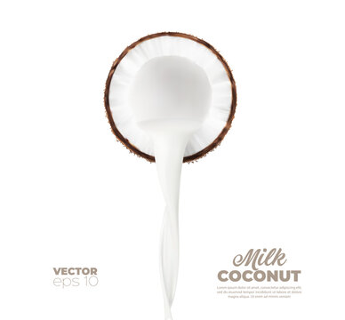 Coconut milk flow for drink or sweet dessert, yogurt or candy, realistic vector background. Coconut milk spill flow falling from coconut nut cut in half for coco milkshake, ice cream and milk drink