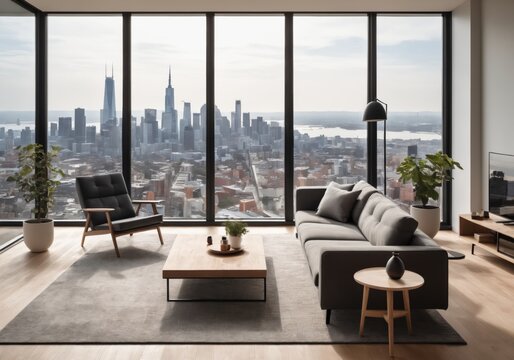 a living room with a couch and a chair in front of a large window overlooking a cityscape