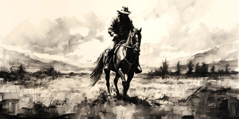 Black and white drawing of a horseman sitting on a horse in front of a beautiful sunset background with a valley and nature. western scenery
