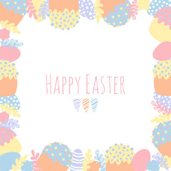 Easter greeting card with eggs and cakes. Hand drawn print design.