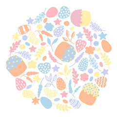 Circle shape with doodle style Easter elements. Isolated print on a white background. Hand drawn doodle design.