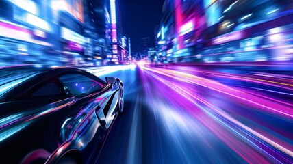 Fototapeta premium A sleek sports car racing through a neon lit city at night speed blurring the lights