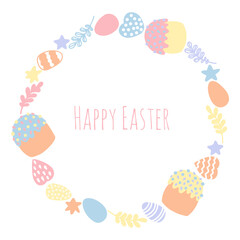 Easter card with inscription Happy Easter. Hand drawn wreath print design. 