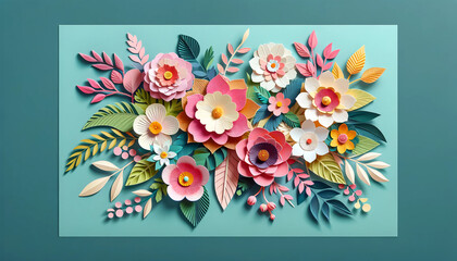 background with flowers, flowers in paper cut style on blue background, card for International Mother's Day, International Day March 8