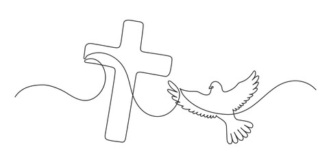Сross and dove. Continuous line drawing. Christianity religion concept. Vector illustration.