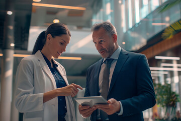 Healthcare Consultation with Sales Representative. Female doctor reviewing data on a tablet with a male pharmaceutical sales rep in a hospital lobby.
